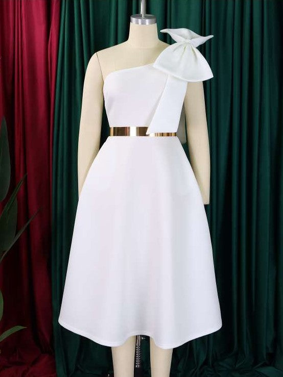 Party Fashion One Shoulder Bow Swing White Midi Dress