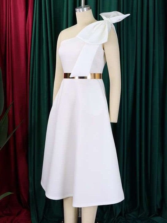 Party Fashion One Shoulder Bow Swing White Midi Dress