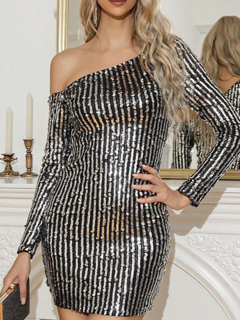 Party Look Sequin Silver Mini One Shoulder Dress