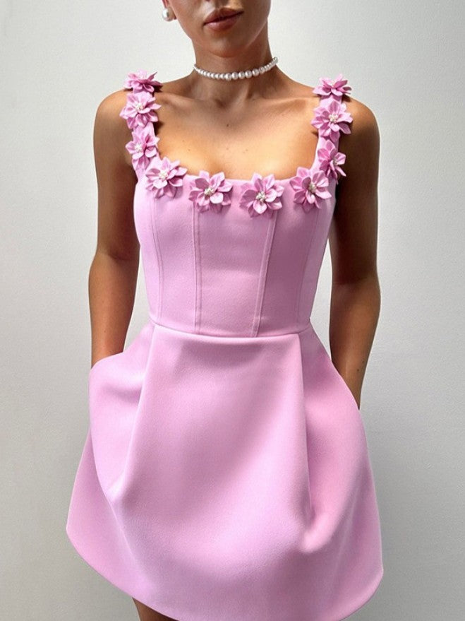 Party Wear Flower Decor Pink Mini Dress