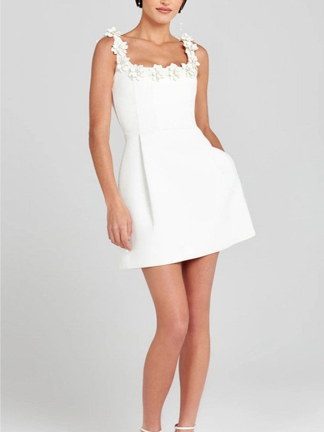 Party Wear Flower Decor White Mini Dress