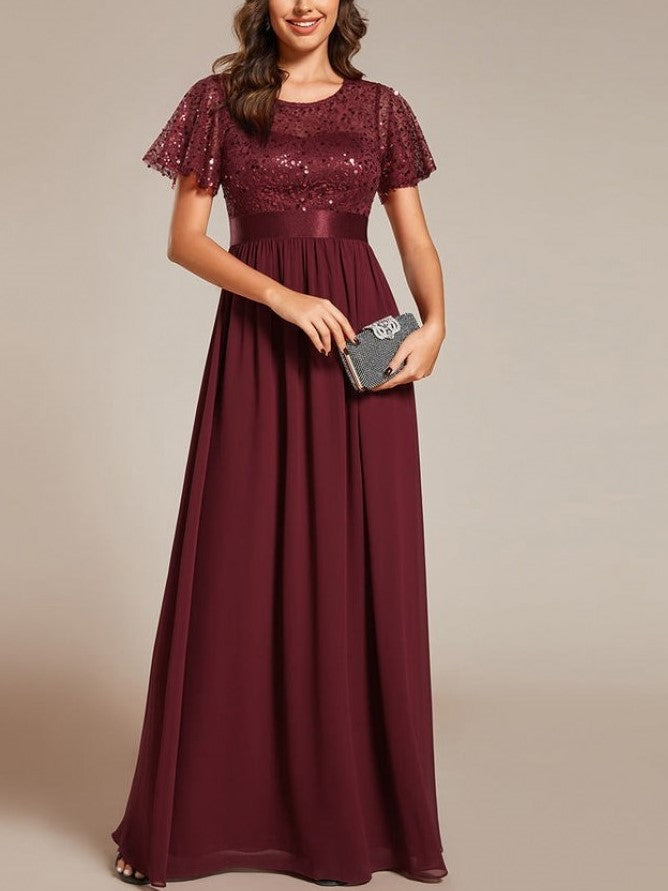 Party Wear Patchwork Sequin A Line Burgundy Maxi Dress