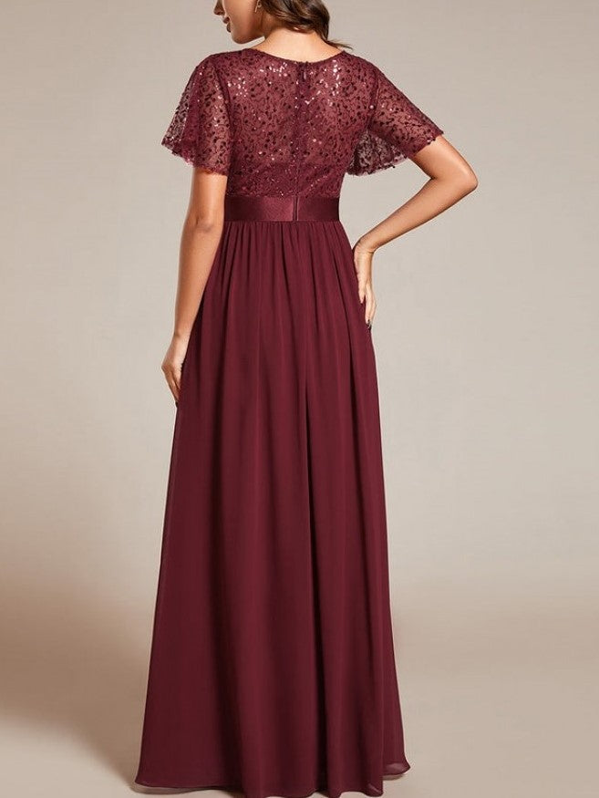 Party Wear Patchwork Sequin A Line Burgundy Maxi Dress
