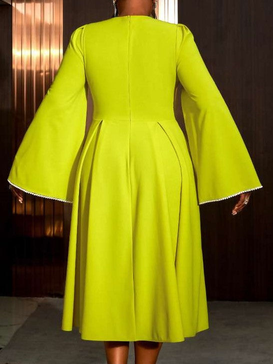 Party Wear Pleated Long Sleeve Zipper Dress