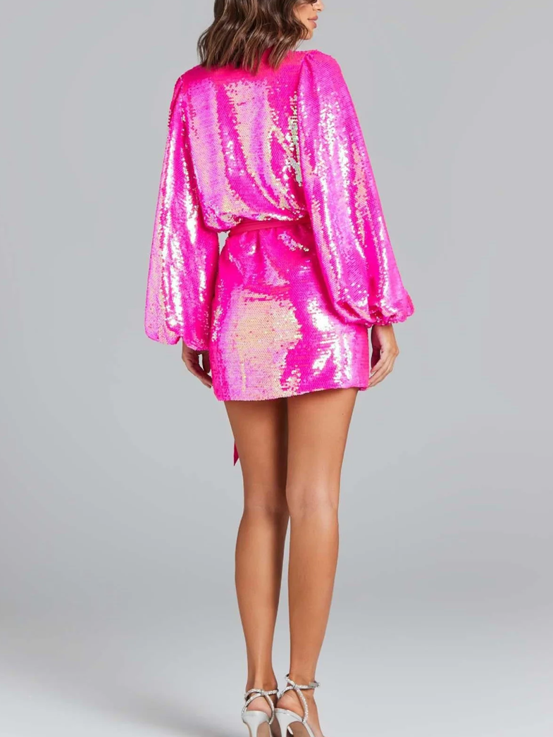 Party Wear Sequin Split Pink Asymmetric Dress