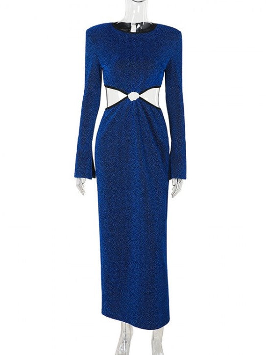 Party Wear Shiny Blue Hollow Out Long Sleeve Maxi Dress