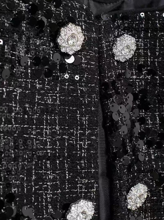 Party Wear Tweed Sequin Rhinestone Button Decor Blazer Jacket