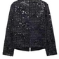 Party Wear Tweed Sequin Rhinestone Button Decor Blazer Jacket