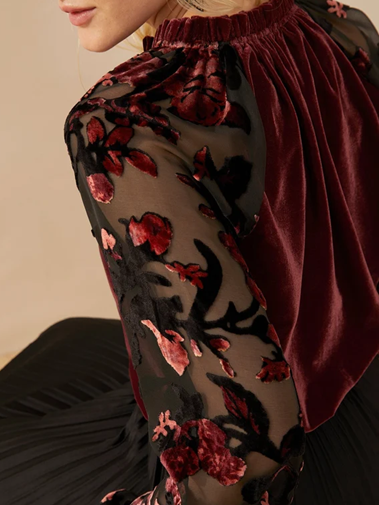 Party Wear Velvet Mesh Floral Top