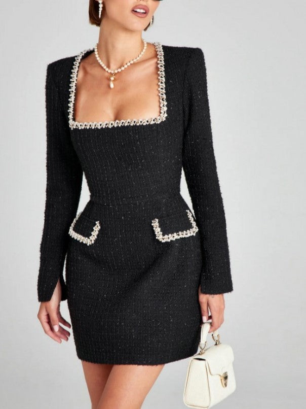 Premium Fashion Embellished Long Sleeve Black Bodycon Dress