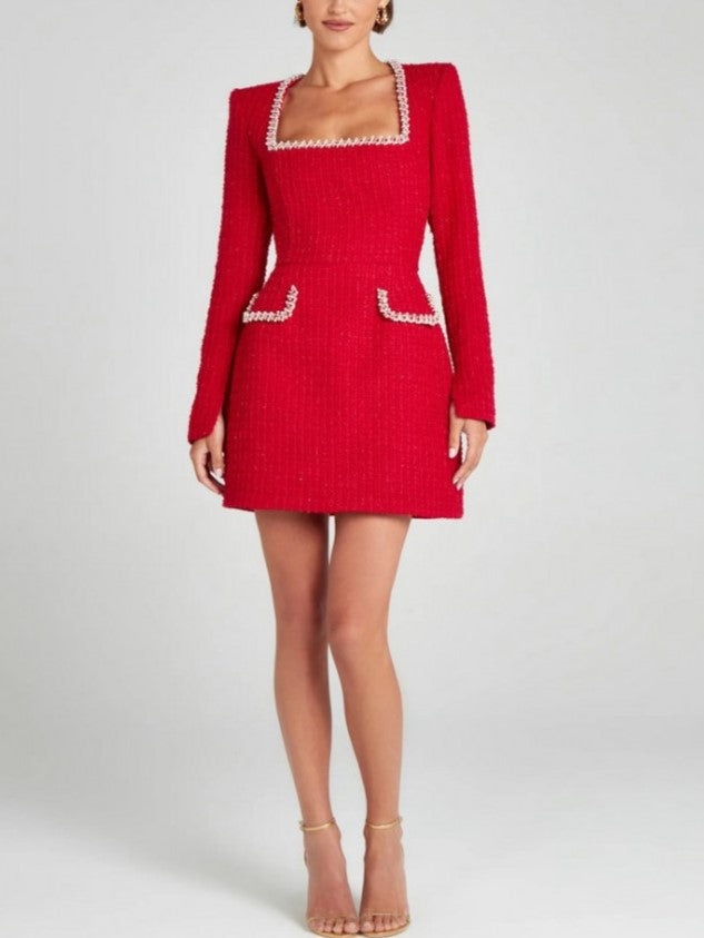 Premium Fashion Embellished Long Sleeve Red Bodycon Dress