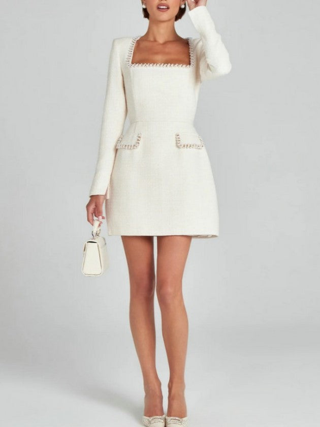 Premium Fashion Embellished Long Sleeve White Bodycon Dress