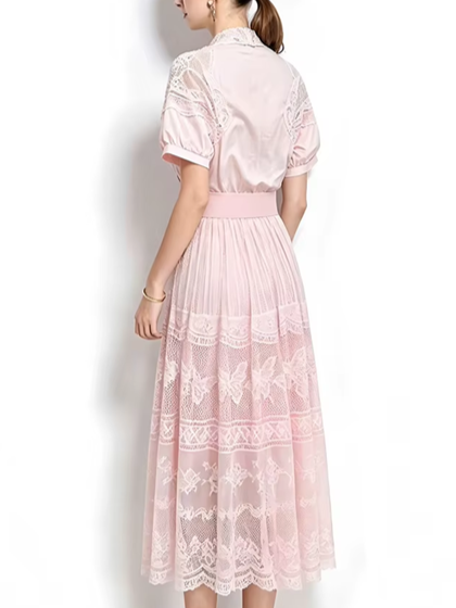 Premium Fashion French Short Sleeve Lace Lapel Collar Pink Party Dress