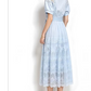 Premium Fashion French Short Sleeve Lace Lapel Collar Blue Party Dress