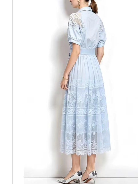 Premium Fashion French Short Sleeve Lace Lapel Collar Blue Party Dress