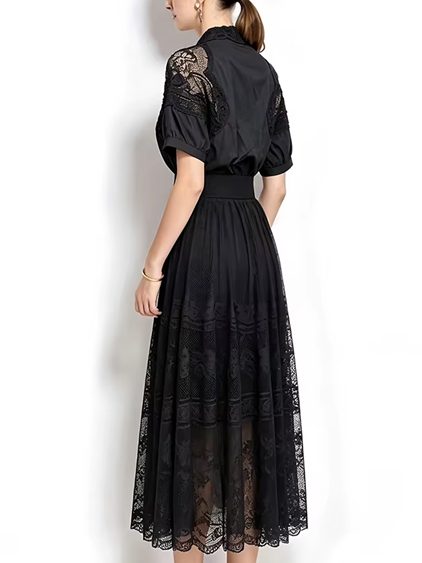 Premium Fashion French Short Sleeve Lace Lapel Collar Black Party Dress