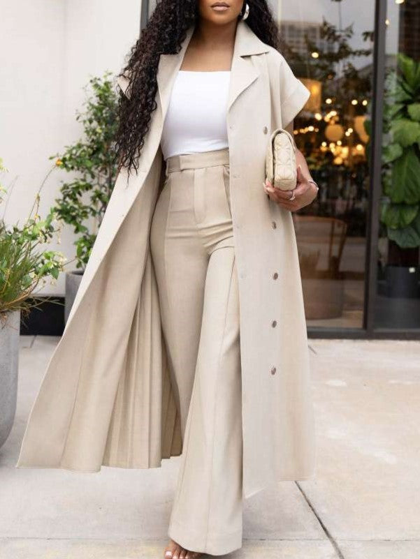 Premium Fashion Lapel Pleated Long Coat Beige Co ord Set