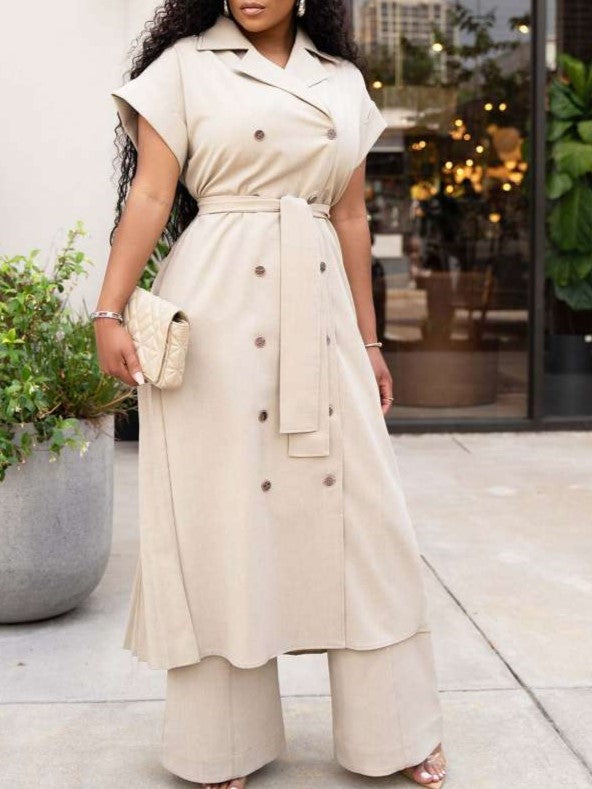 Premium Fashion Lapel Pleated Long Coat Beige Co ord Set