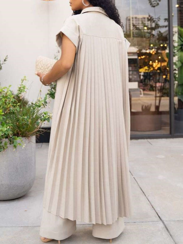 Premium Fashion Lapel Pleated Long Coat Beige Co ord Set