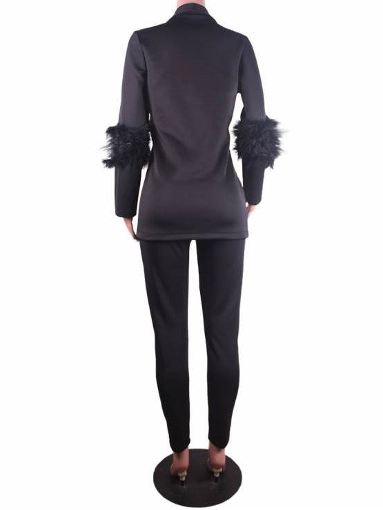 Premium Fashion Tailored Collar Long Sleeve Feather Decor Black Pant Suit Set
