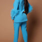 Premium Fashion Tailored Collar Long Sleeve Feather Decor Blue Pant Suit Set