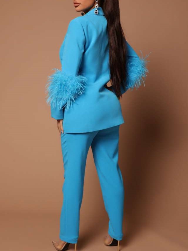 Premium Fashion Tailored Collar Long Sleeve Feather Decor Blue Pant Suit Set