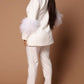 Premium Fashion Tailored Collar Long Sleeve Feather Decor White Pant Suit Set