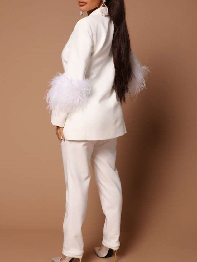 Premium Fashion Tailored Collar Long Sleeve Feather Decor White Pant Suit Set