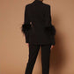 Premium Fashion Tailored Collar Long Sleeve Feather Decor Black Pant Suit Set