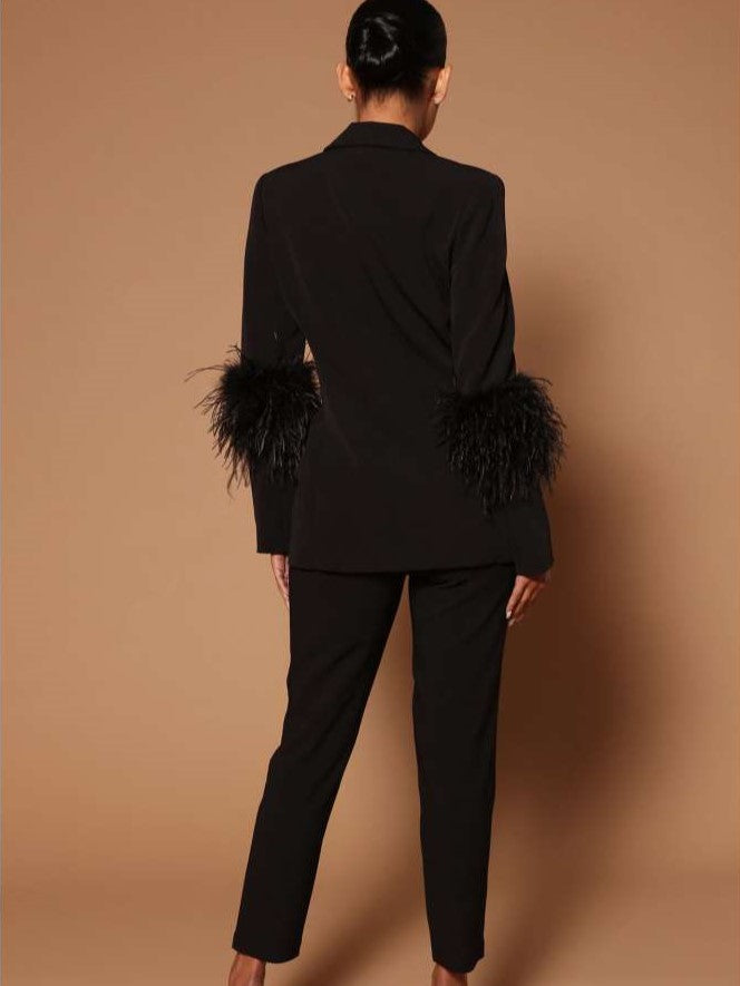 Premium Fashion Tailored Collar Long Sleeve Feather Decor Black Pant Suit Set