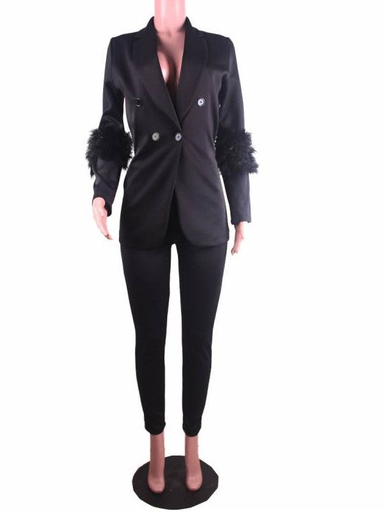 Premium Fashion Tailored Collar Long Sleeve Feather Decor Black Pant Suit Set