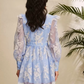 Premium Fashion V-neck Lantern Sleeves Embroidered Floral Hollow Out Lace Single Breasted Blue Dress