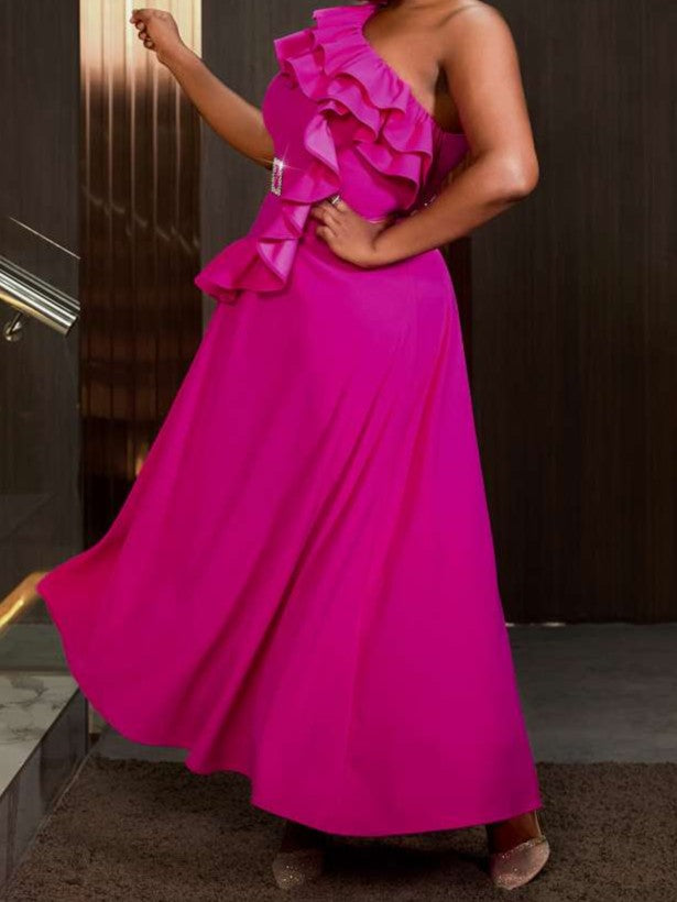 Premium One Shoulder Pink Sleeveless Maxi Dress