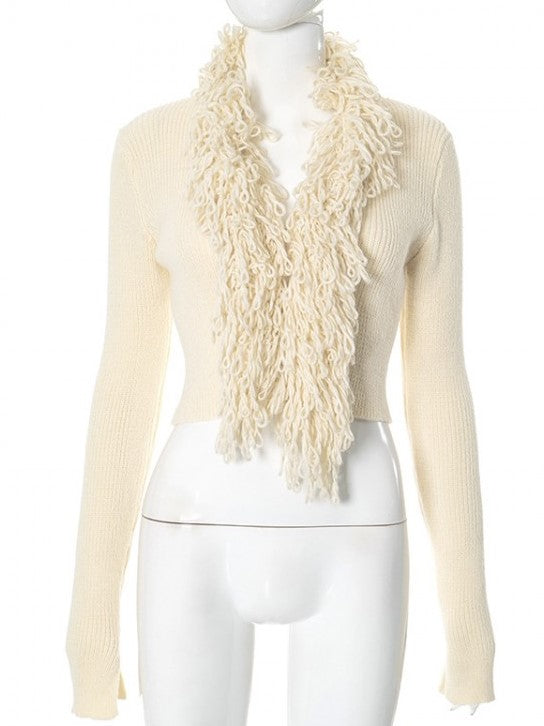 Premium Winter Fashion Fluff Tassel Bodycon Apricot Cropped Cardigan