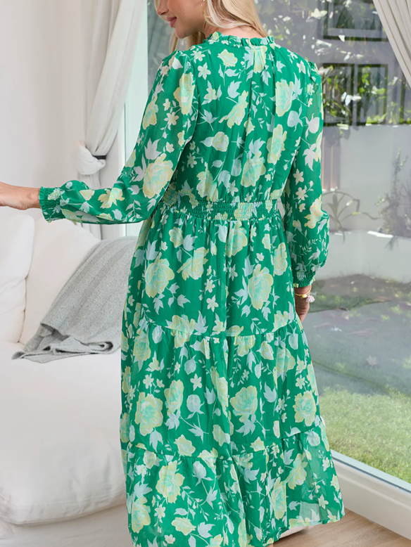 Pretty Floral Print Green Dress