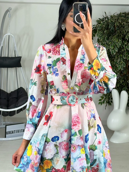 Pretty Floral Print Lantern Sleeve Short Dress With Belt