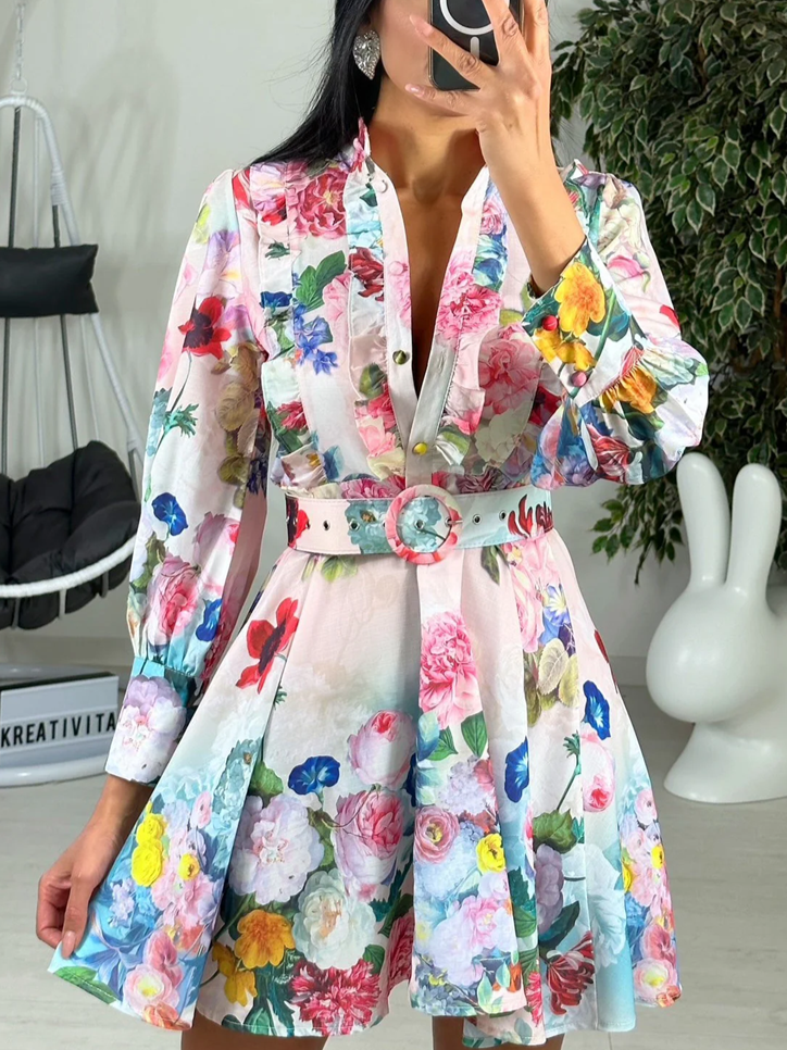 Pretty Floral Print Lantern Sleeve Short Dress With Belt