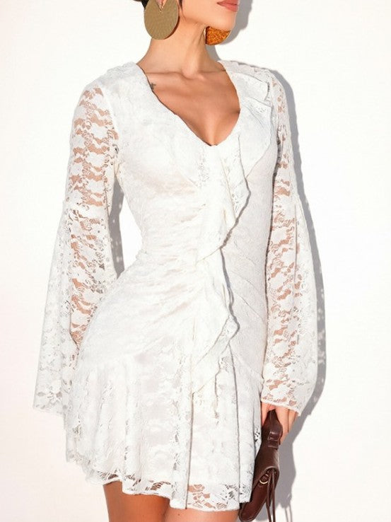 Pretty Lace V Neck Solid Ruffle Dress