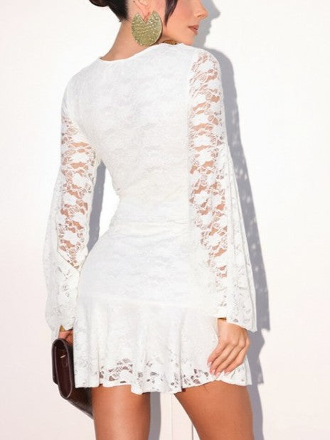 Pretty Lace V Neck Solid Ruffle Dress