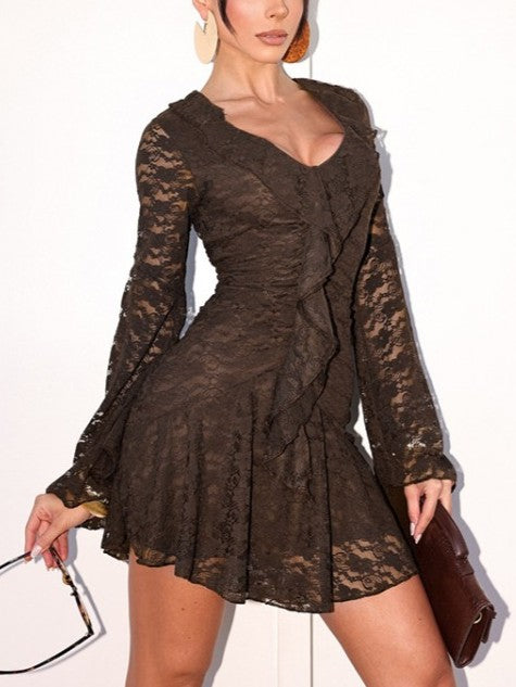 Pretty Lace V Neck Solid Ruffle Dress
