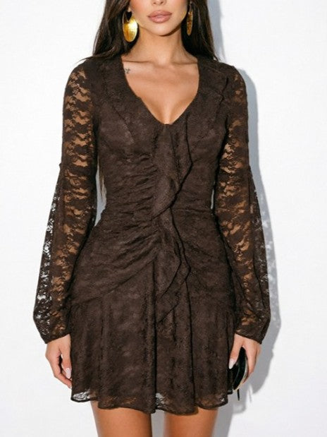 Pretty Lace V Neck Solid Ruffle Dress