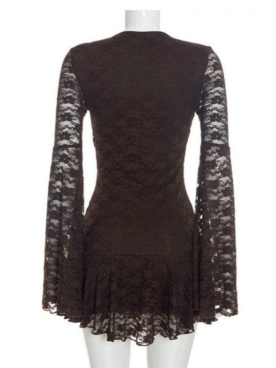 Pretty Lace V Neck Solid Ruffle Dress
