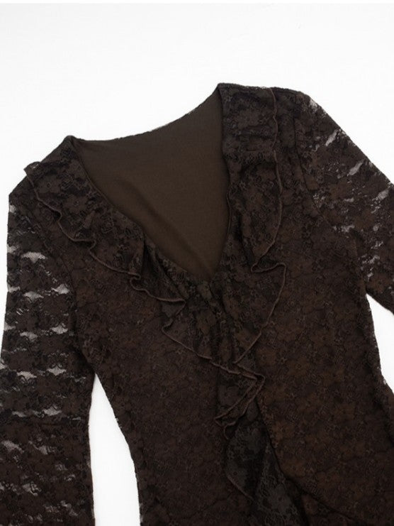 Pretty Lace V Neck Solid Ruffle Dress