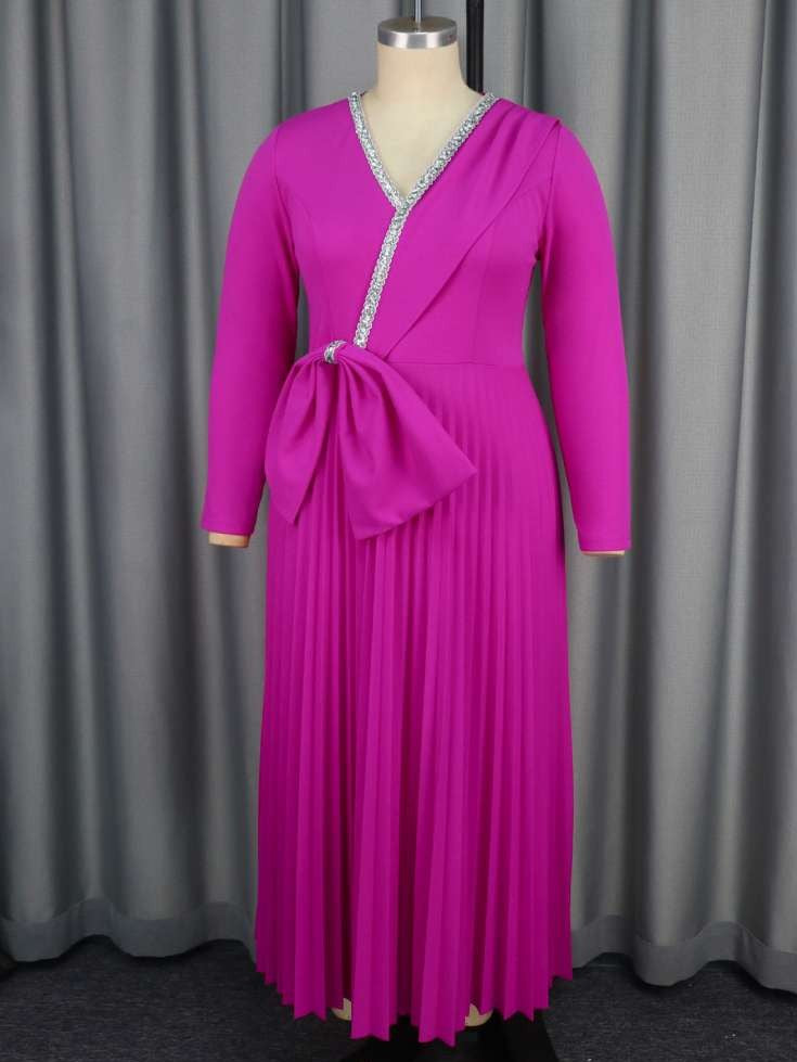 Pretty Long Sleeve Bow Patchwork Pink Maxi Dress