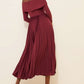 Pretty Off Shoulder Pleated Long Sleeve Burgundy Midi Dress