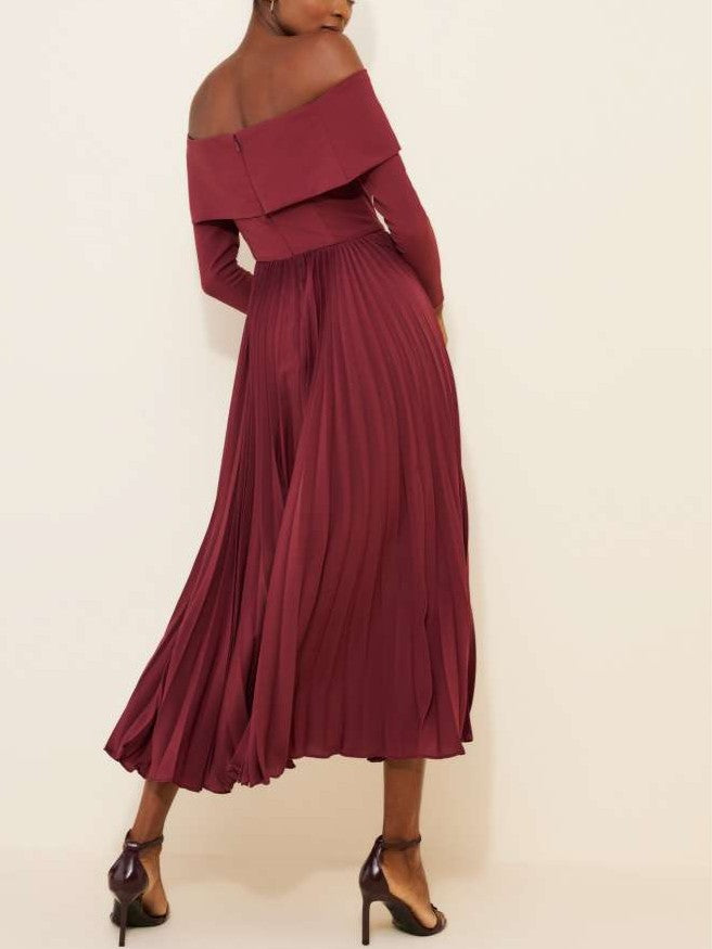 Pretty Off Shoulder Pleated Long Sleeve Burgundy Midi Dress