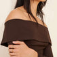 Pretty Off Shoulder Pleated Long Sleeve Brown Midi Dress