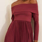 Pretty Off Shoulder Pleated Long Sleeve Burgundy Midi Dress