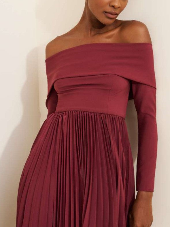 Pretty Off Shoulder Pleated Long Sleeve Burgundy Midi Dress
