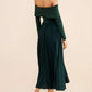 Pretty Off Shoulder Pleated Long Sleeve Green Midi Dress